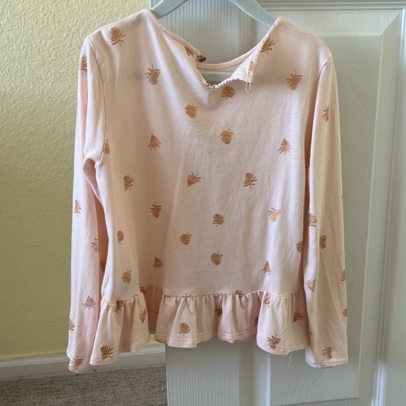 Girls long sleeve shirt- pink with rose gold colored leaves print size 6/114cm - Picture 2 of 5